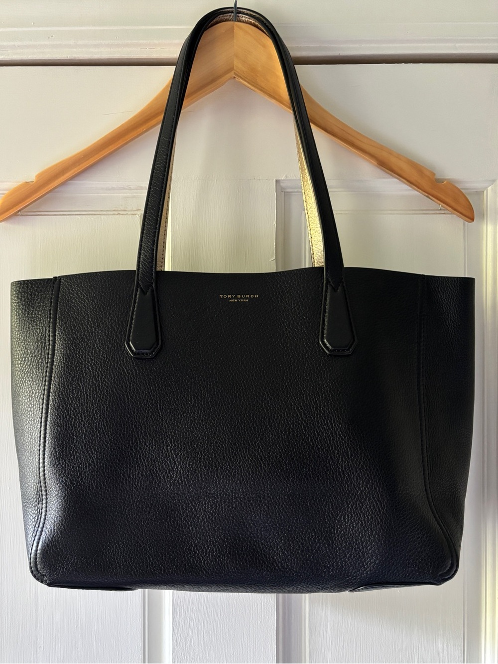 Tory Burch New Black Pebbled Leather Tote with detachable matching zipper wallet